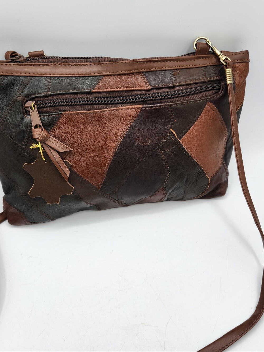 Patchwork Vintage Leather Crossbody Bag - Brown